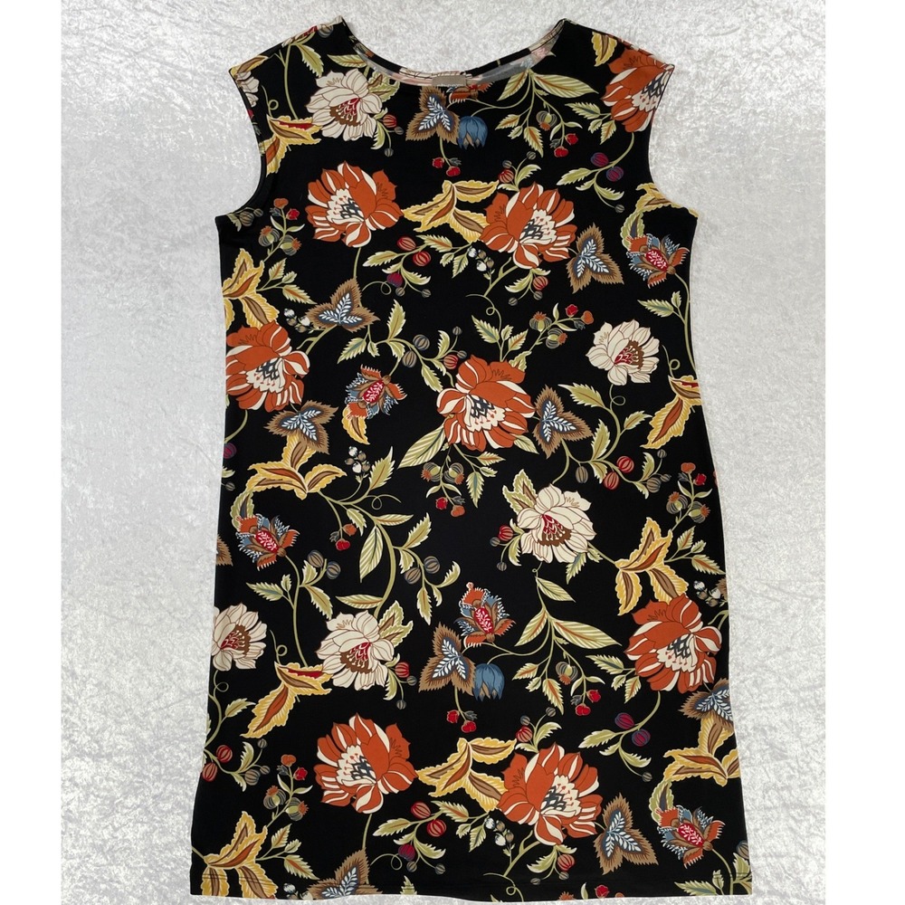Chico's Floral Shift Dress Womens Size 2 Large Black Orange Sleeveless Excellent